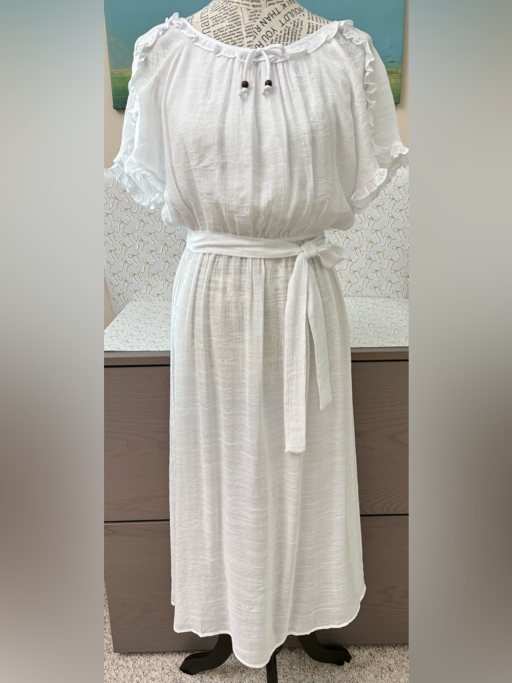 Women's Joie De Vivre White Dress Scoop Neck Skirt is Sheer Lightweight Midi L
